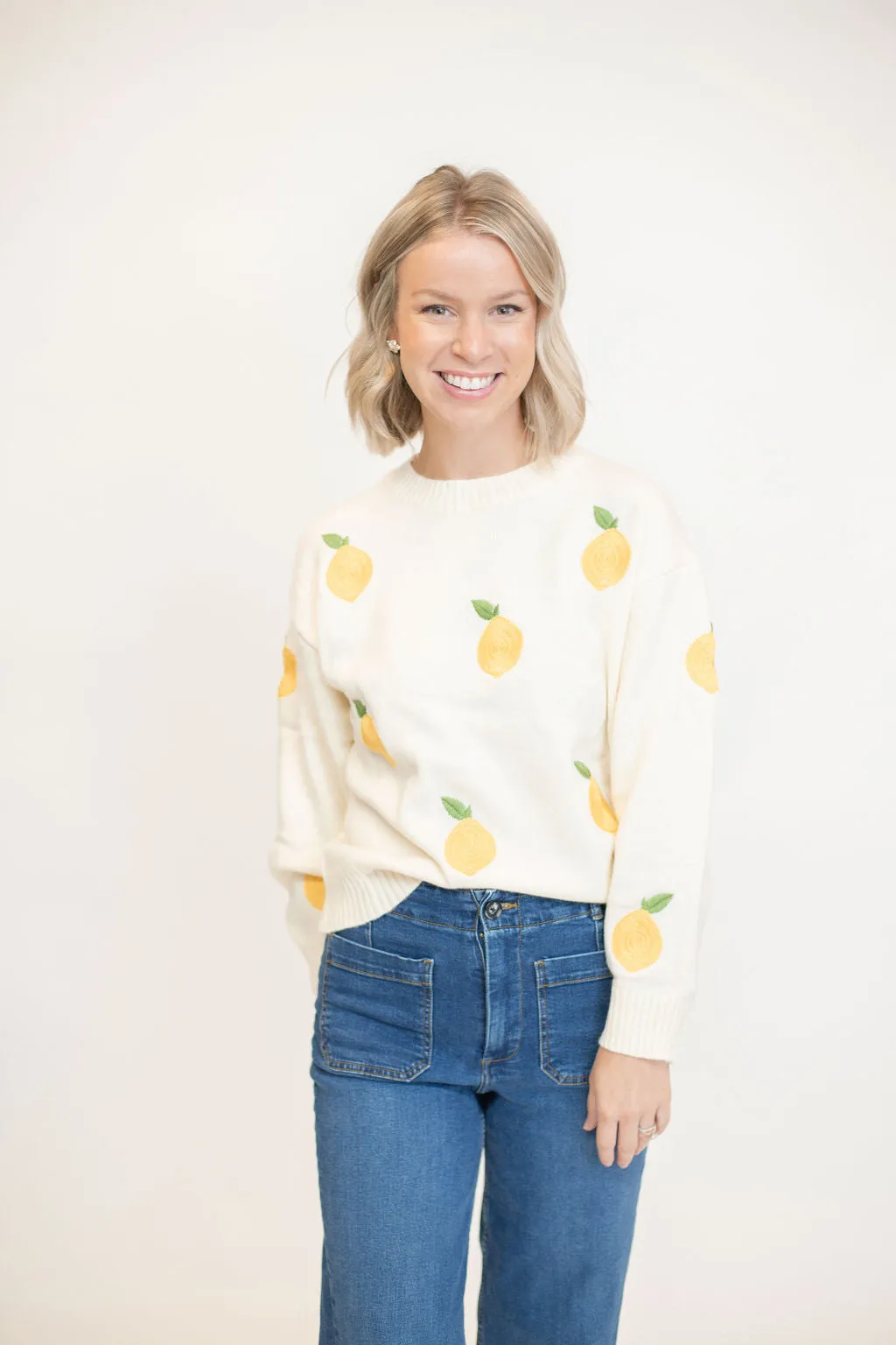 Lemon Embroidered Sweater - Cream