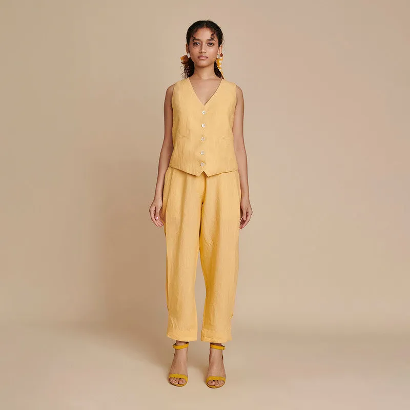 Linen Co Ord Set | Waist Coat & Pants | Yellow