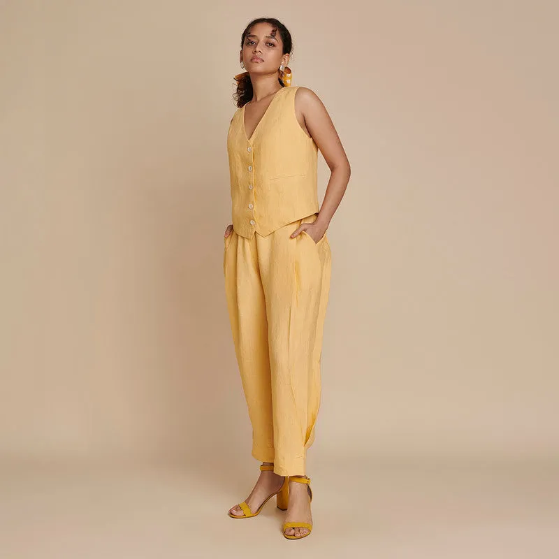 Linen Co Ord Set | Waist Coat & Pants | Yellow