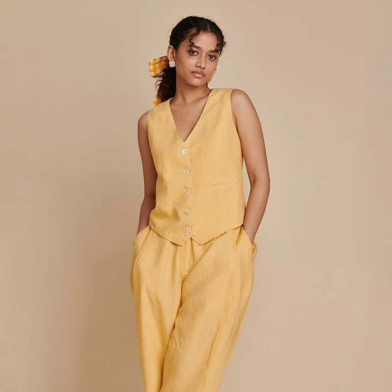 Linen Co Ord Set | Waist Coat & Pants | Yellow