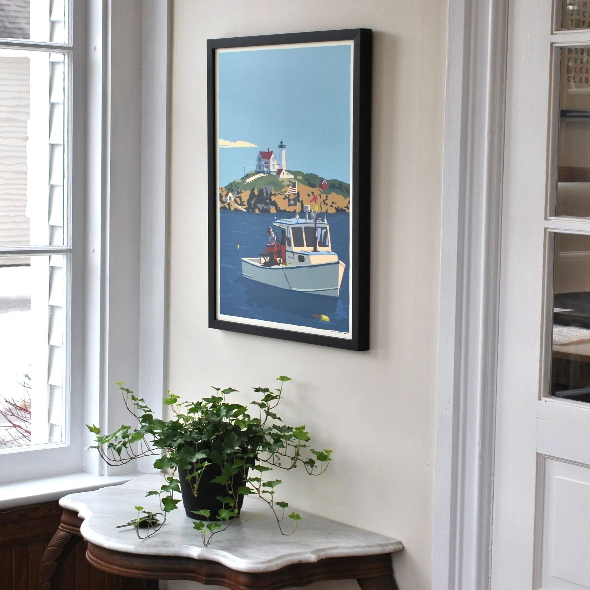 Lobstering at the Nubble Art Print 18" x 24" Framed Wall Poster By Alan Claude - Maine