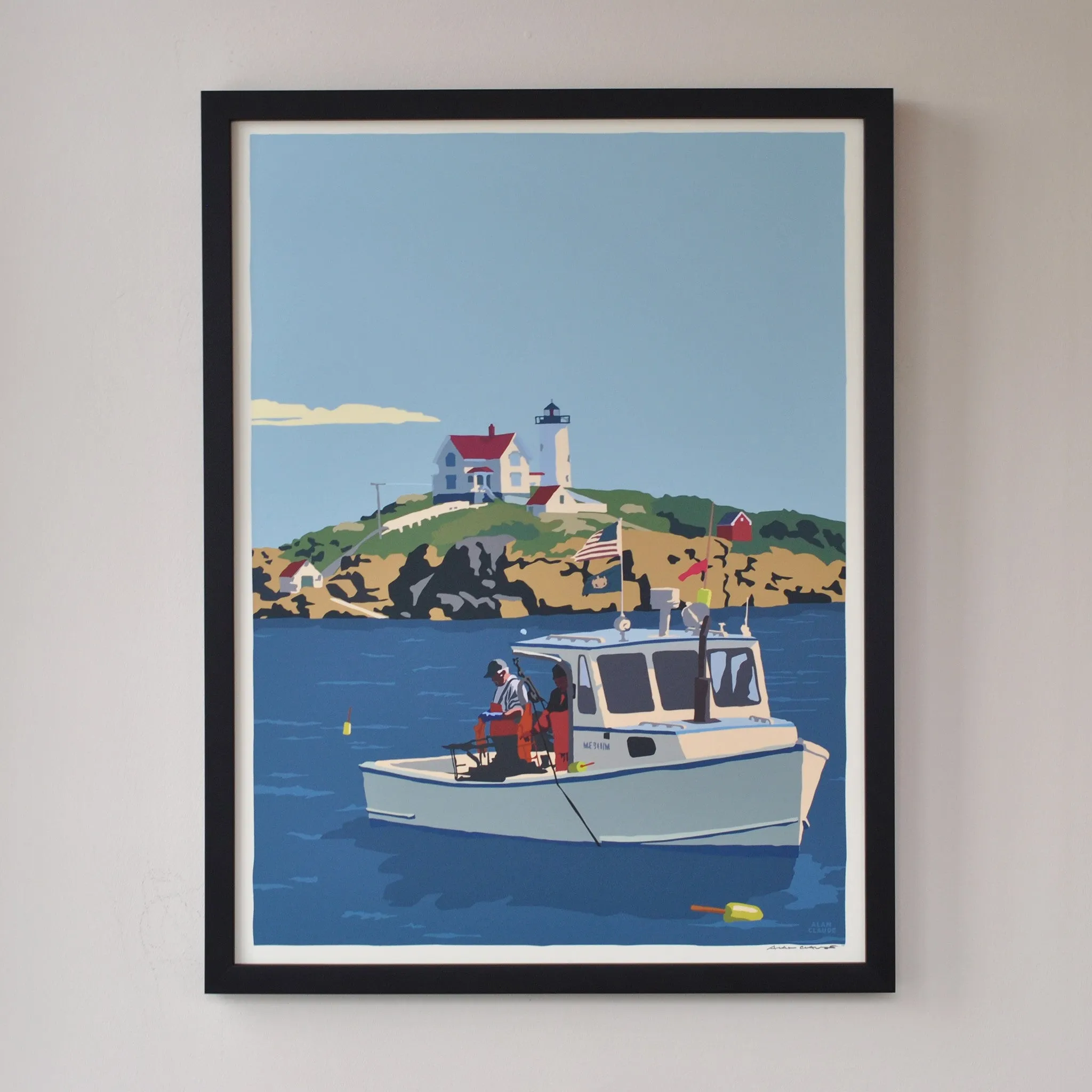 Lobstering at the Nubble Art Print 18" x 24" Framed Wall Poster By Alan Claude - Maine