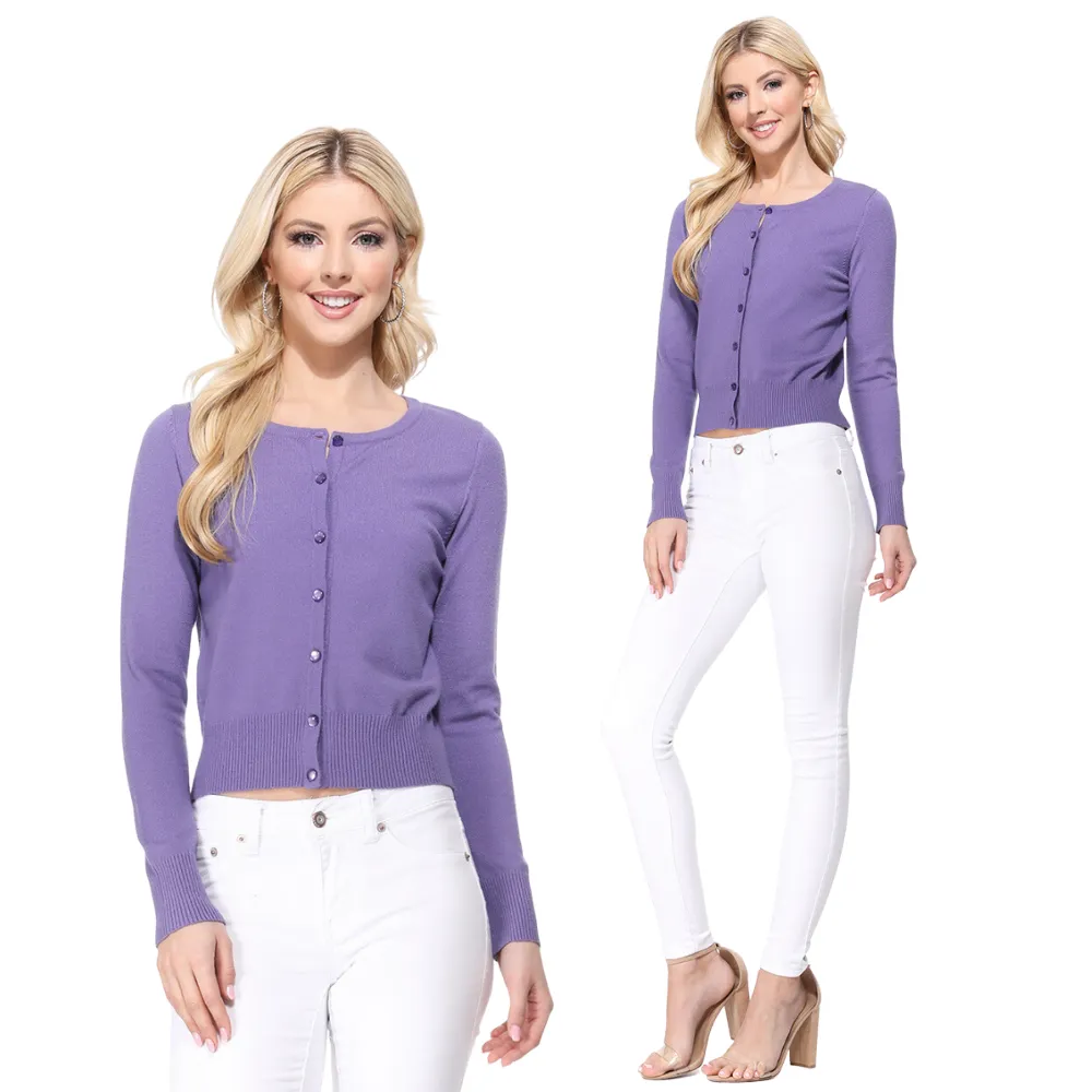 Long Sleeve Crewneck Gem Button Cropped Cardigan Sweater MK5502 (S-XL)