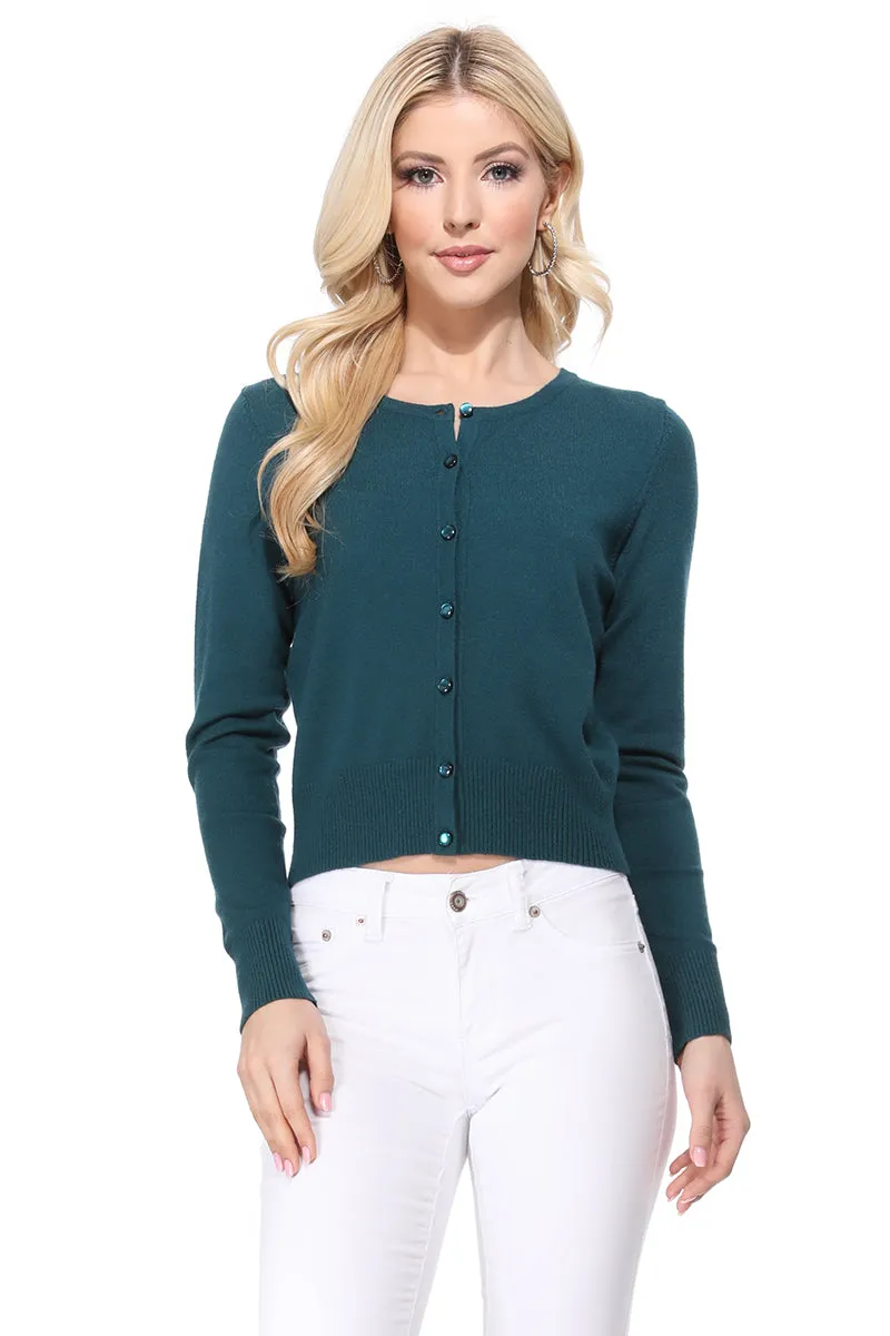 Long Sleeve Crewneck Gem Button Cropped Cardigan Sweater MK5502 (S-XL)