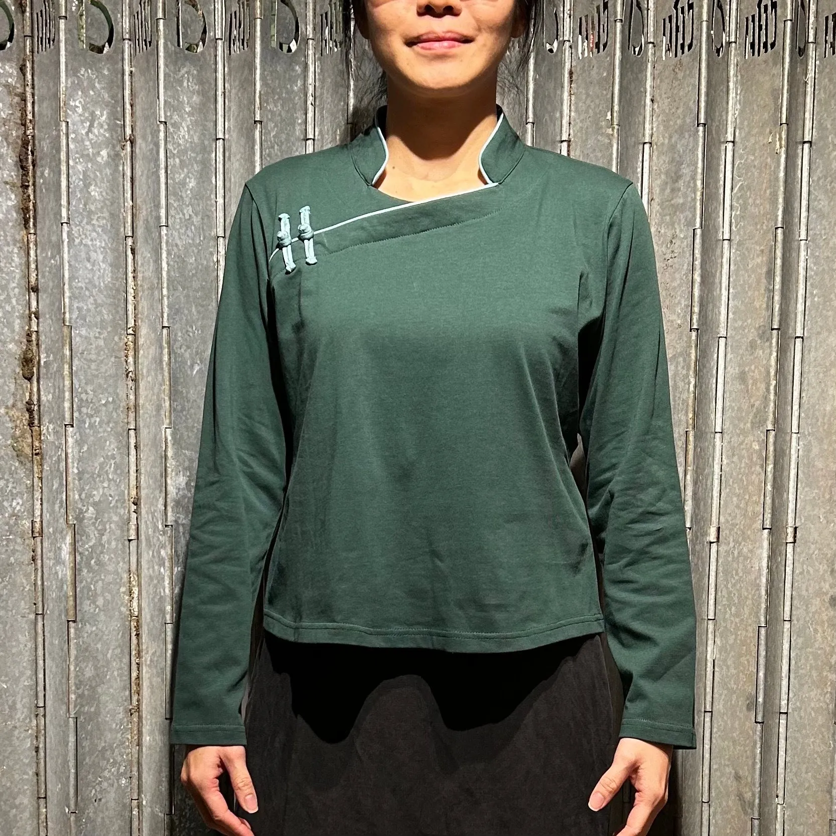 Long Sleeve Qipolo Top, Dark Green