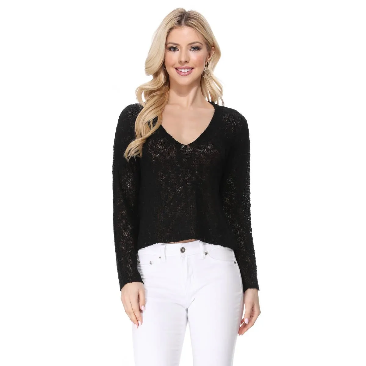 Long Sleeve V-Neck Cropped Summer Pullover Knit Sweater MK8268 (S-L)