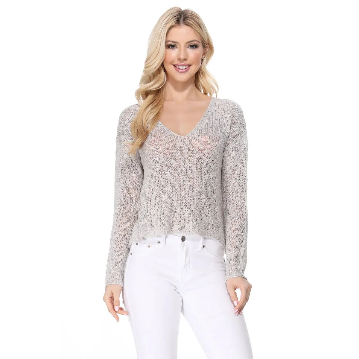 Long Sleeve V-Neck Cropped Summer Pullover Knit Sweater MK8268 (S-L)