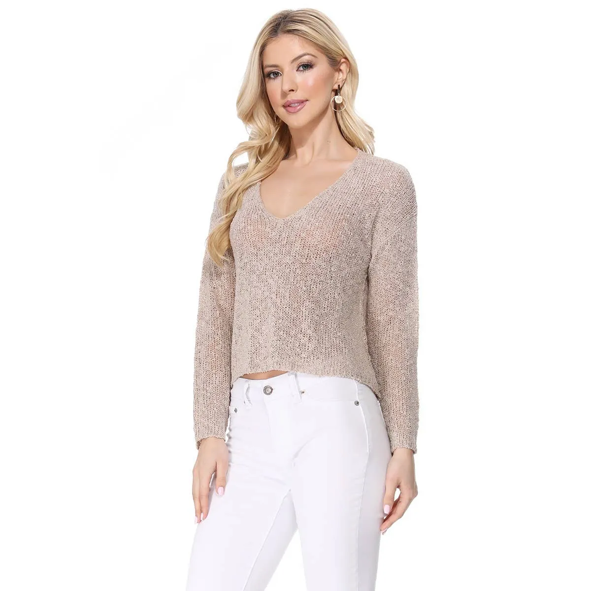 Long Sleeve V-Neck Cropped Summer Pullover Knit Sweater MK8268 (S-L)