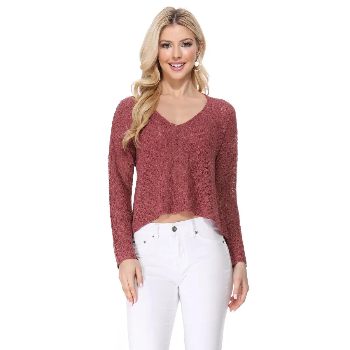 Long Sleeve V-Neck Cropped Summer Pullover Knit Sweater MK8268 (S-L)