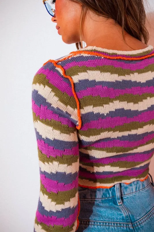 Lt Purple-Multi Striped Long Sleeve Crop Knit Top