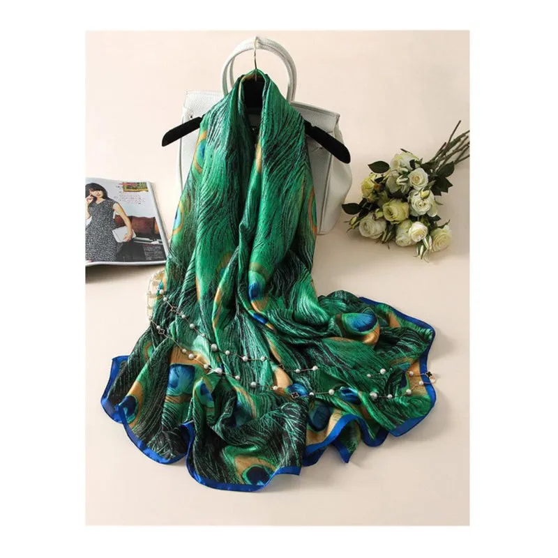 Luxurious Delicate Peacock & Floral Wrap Silky Vibrant Scarves