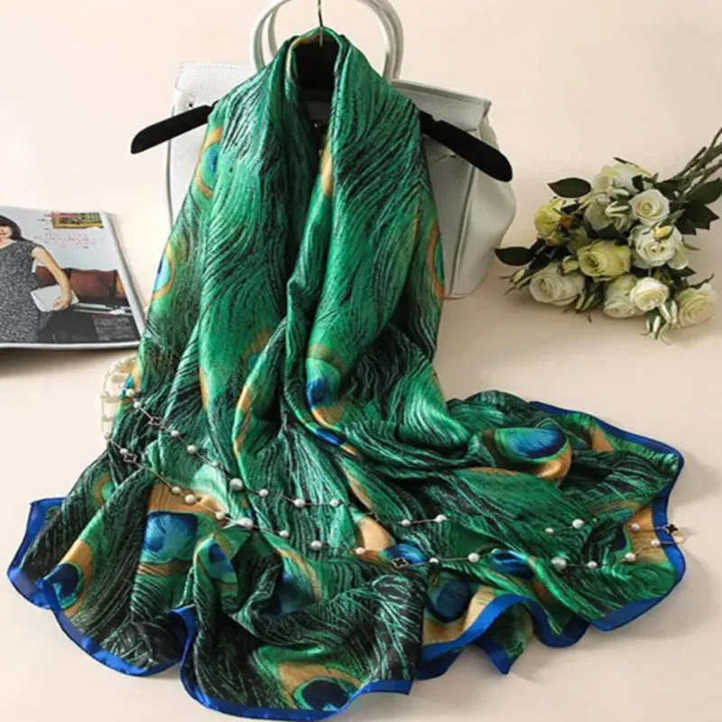 Luxurious Delicate Peacock & Floral Wrap Silky Vibrant Scarves