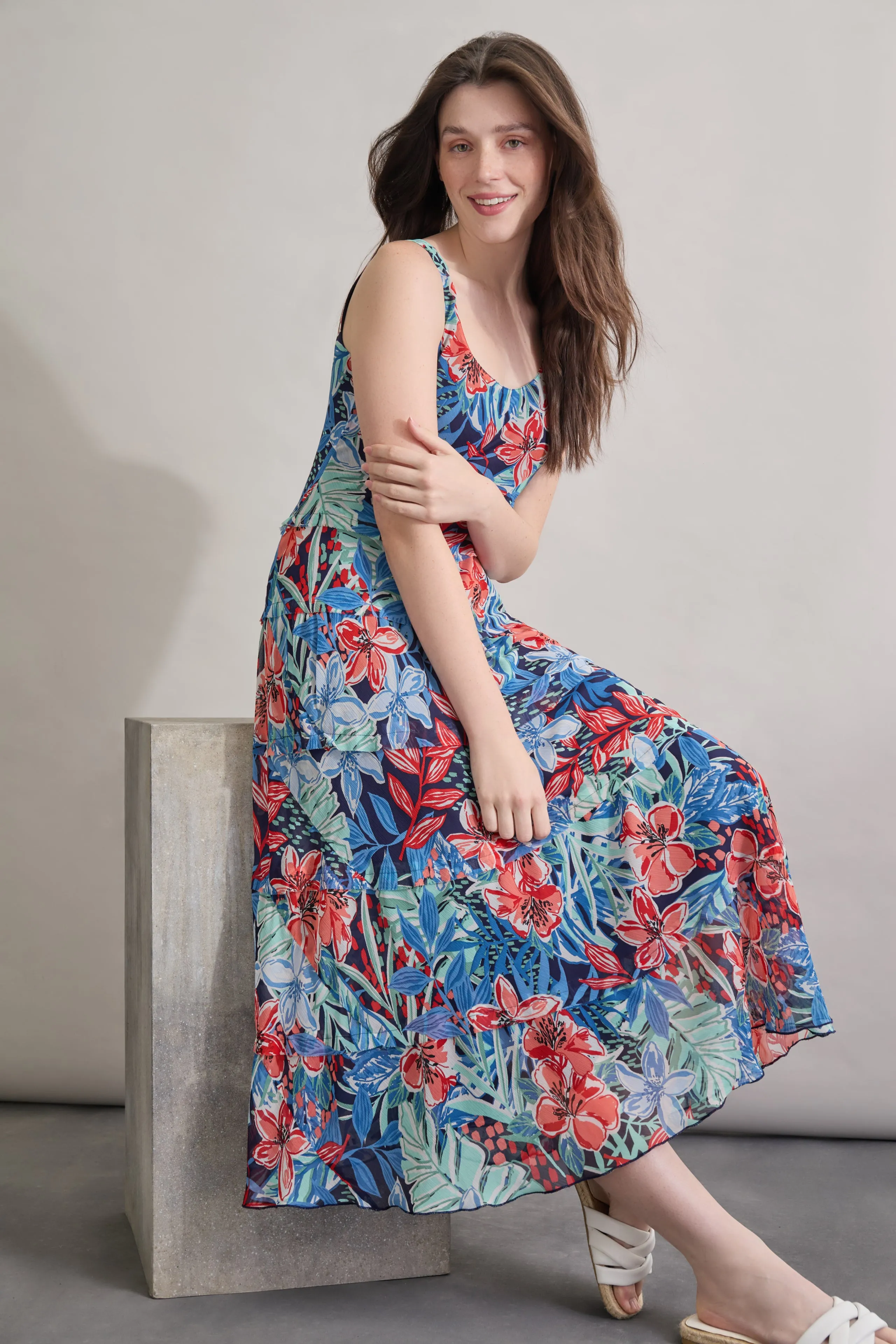 Maxi Multi-Tiered Dress, Printed Chiffon