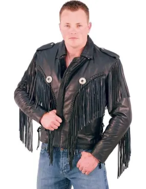 Mens Beltless Fringed Leather Motorcycle Jacket