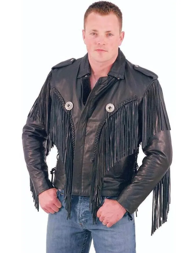 Mens Beltless Fringed Leather Motorcycle Jacket