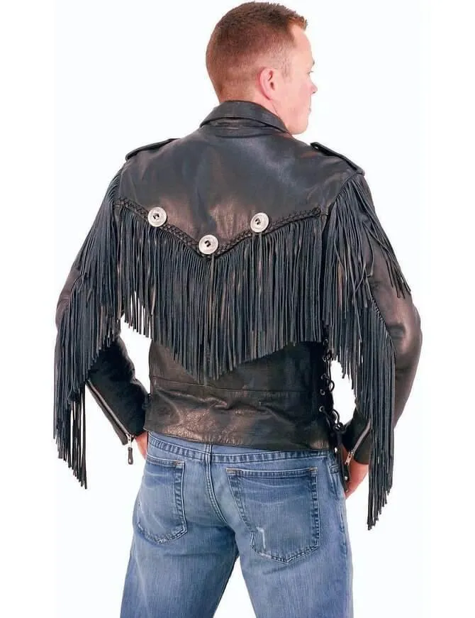 Mens Beltless Fringed Leather Motorcycle Jacket