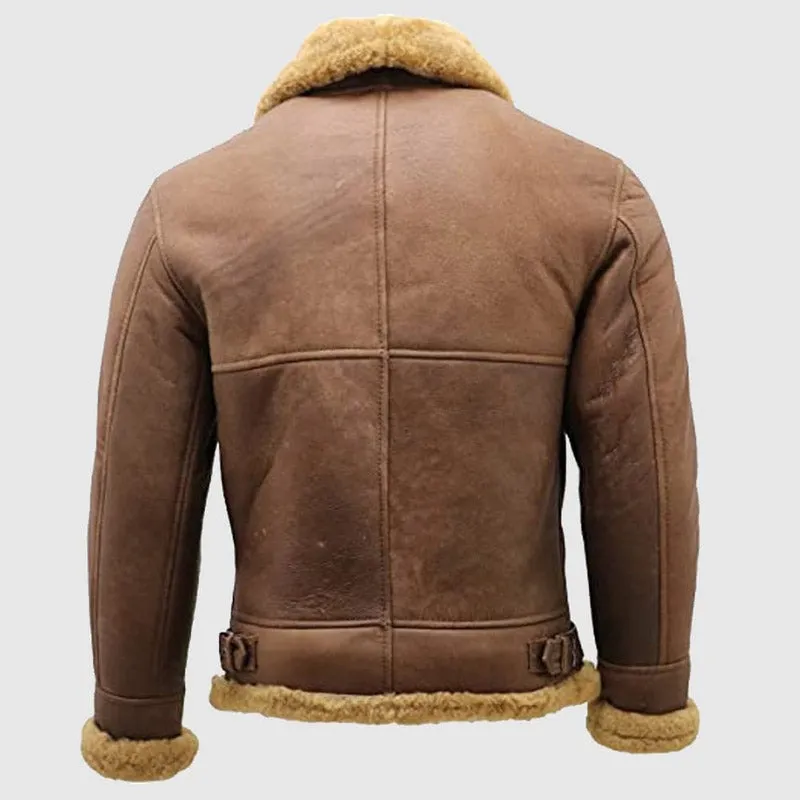 Men’s Brown B3 Shearling Sheepskin WW 2 Bomber Leather Flying Aviator Jacket