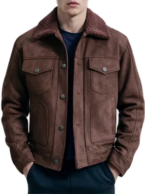 Men's Brown Suede Shearling Collar Jacket