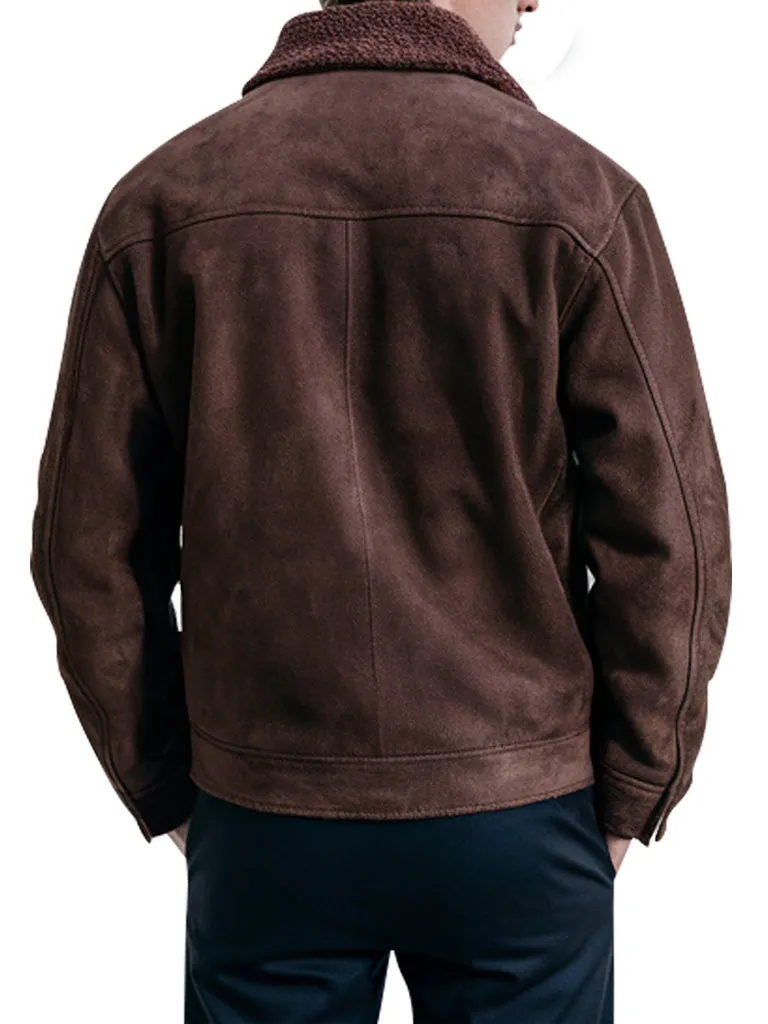 Men's Brown Suede Shearling Collar Jacket