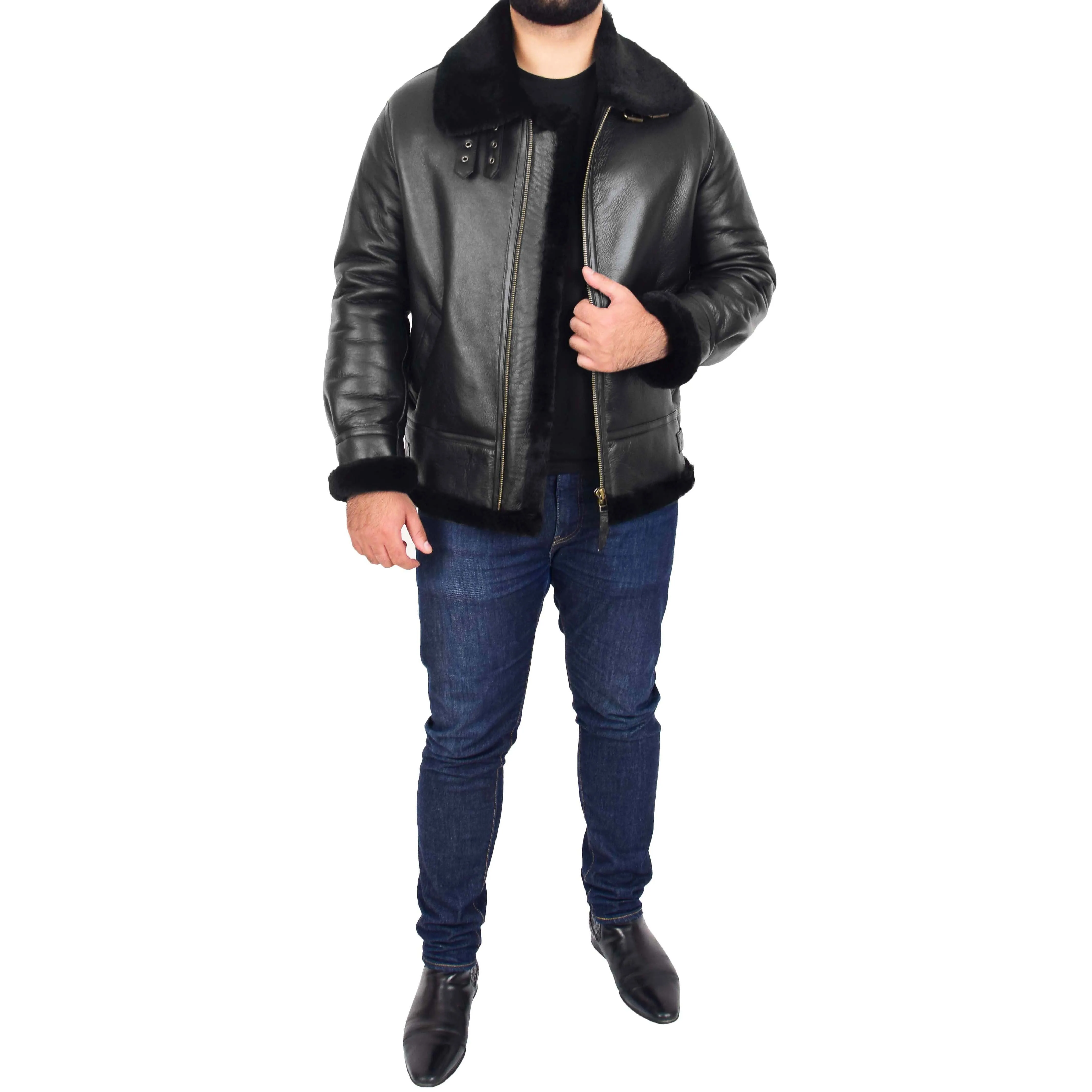 Mens Genuine Sheepskin Flying Jacket B3 Shearling Bomber Thunder Black