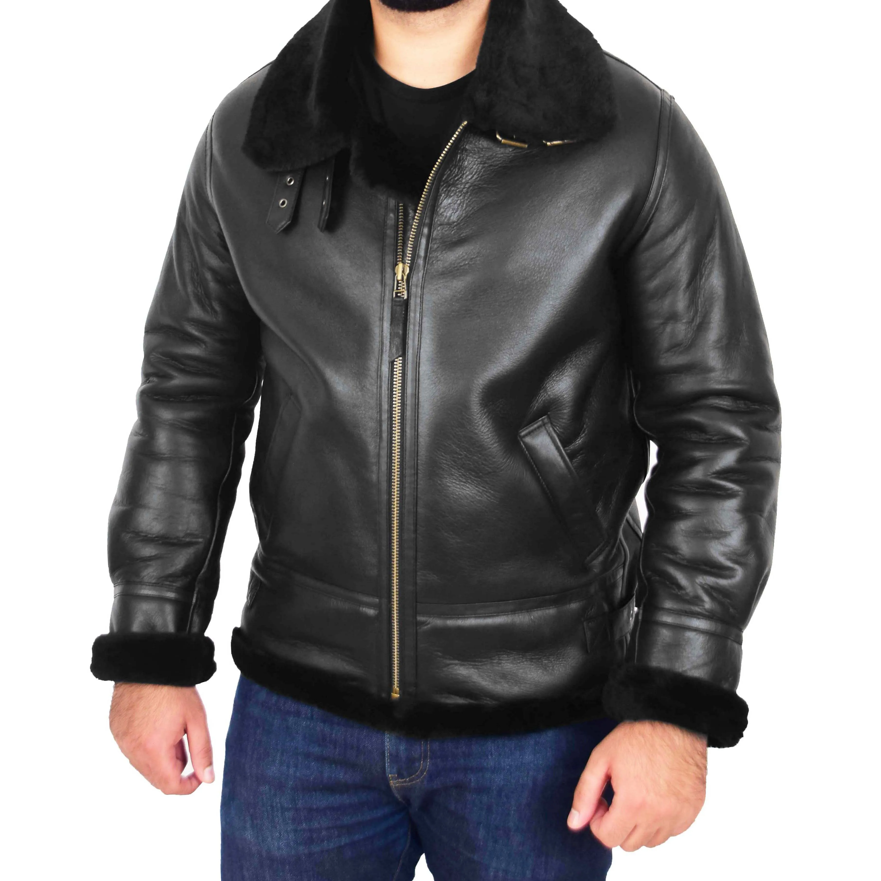 Mens Genuine Sheepskin Flying Jacket B3 Shearling Bomber Thunder Black