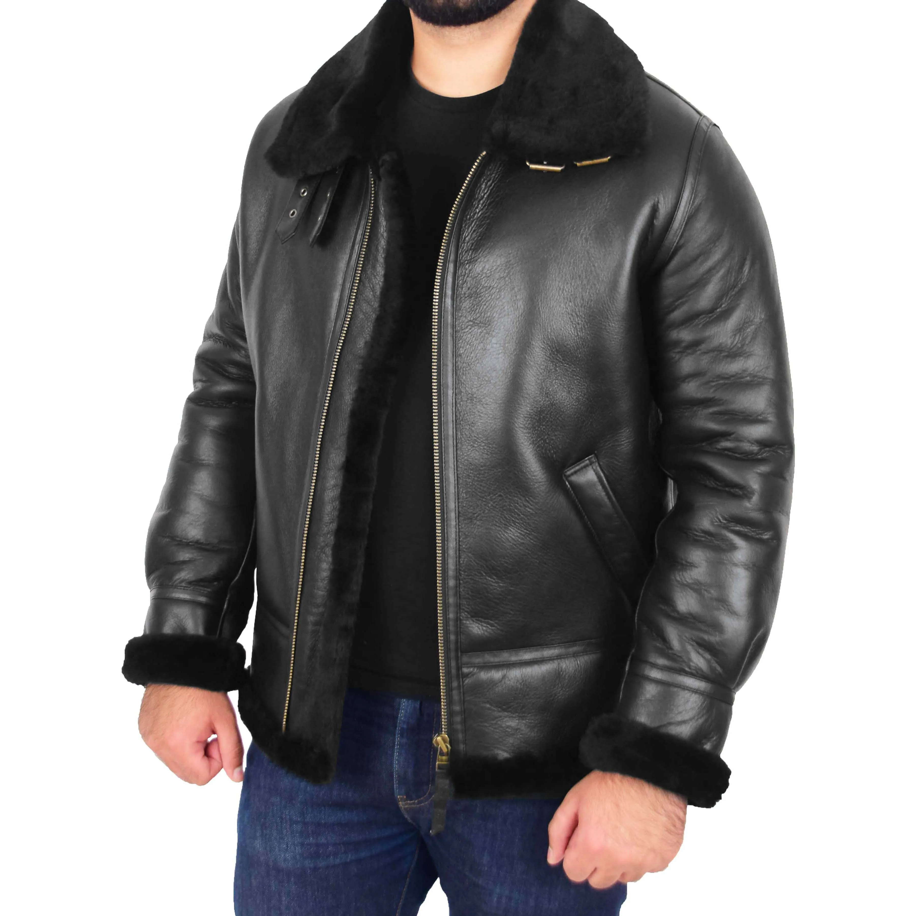 Mens Genuine Sheepskin Flying Jacket B3 Shearling Bomber Thunder Black