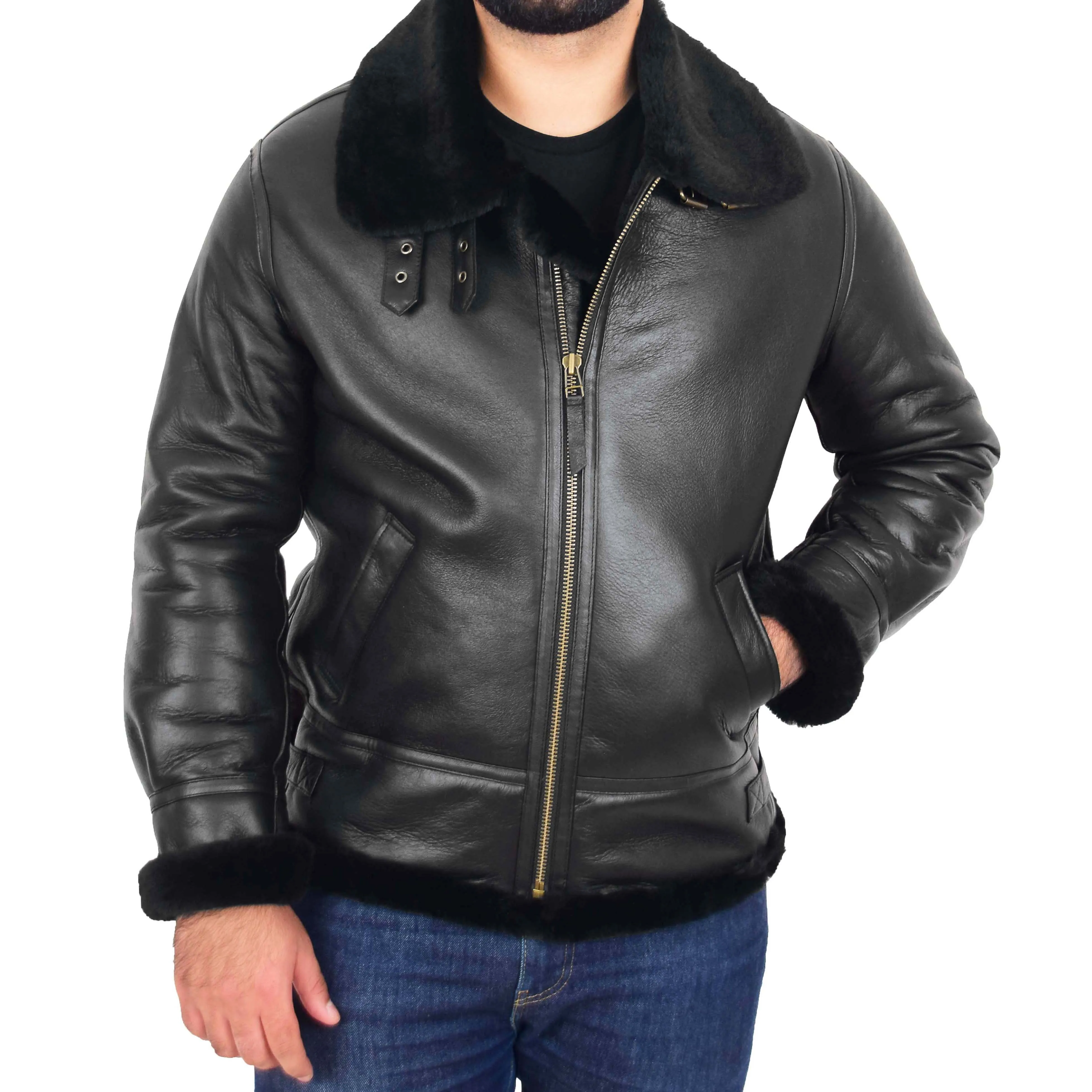 Mens Genuine Sheepskin Flying Jacket B3 Shearling Bomber Thunder Black