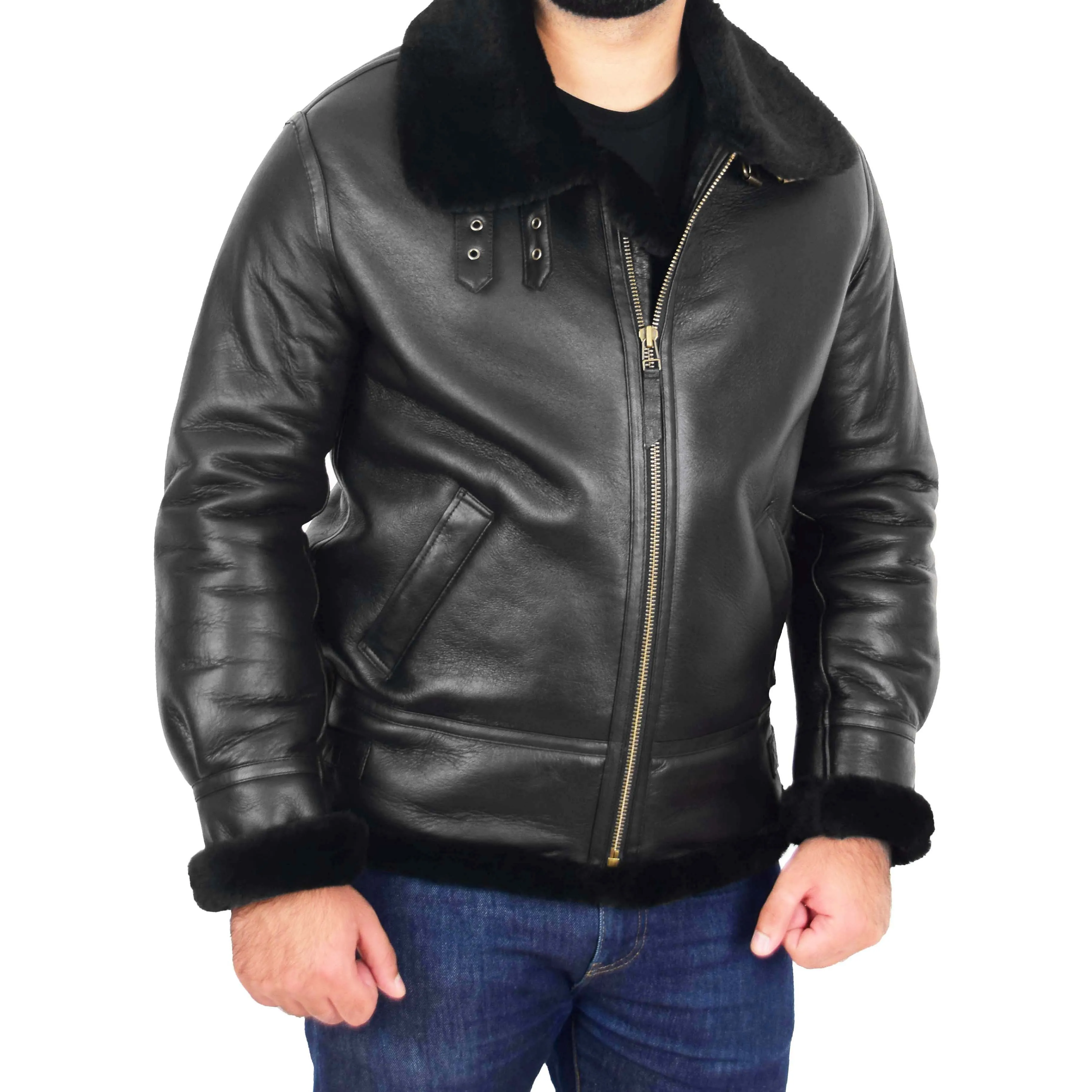 Mens Genuine Sheepskin Flying Jacket B3 Shearling Bomber Thunder Black