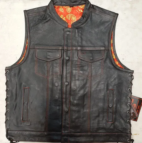 Men's Leather Vest - Red/Gold Paisley Lining Side Lace