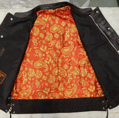 Men's Leather Vest - Red/Gold Paisley Lining Side Lace