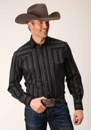 Men's long sleeve snap black charcoal grey stripe western shirt