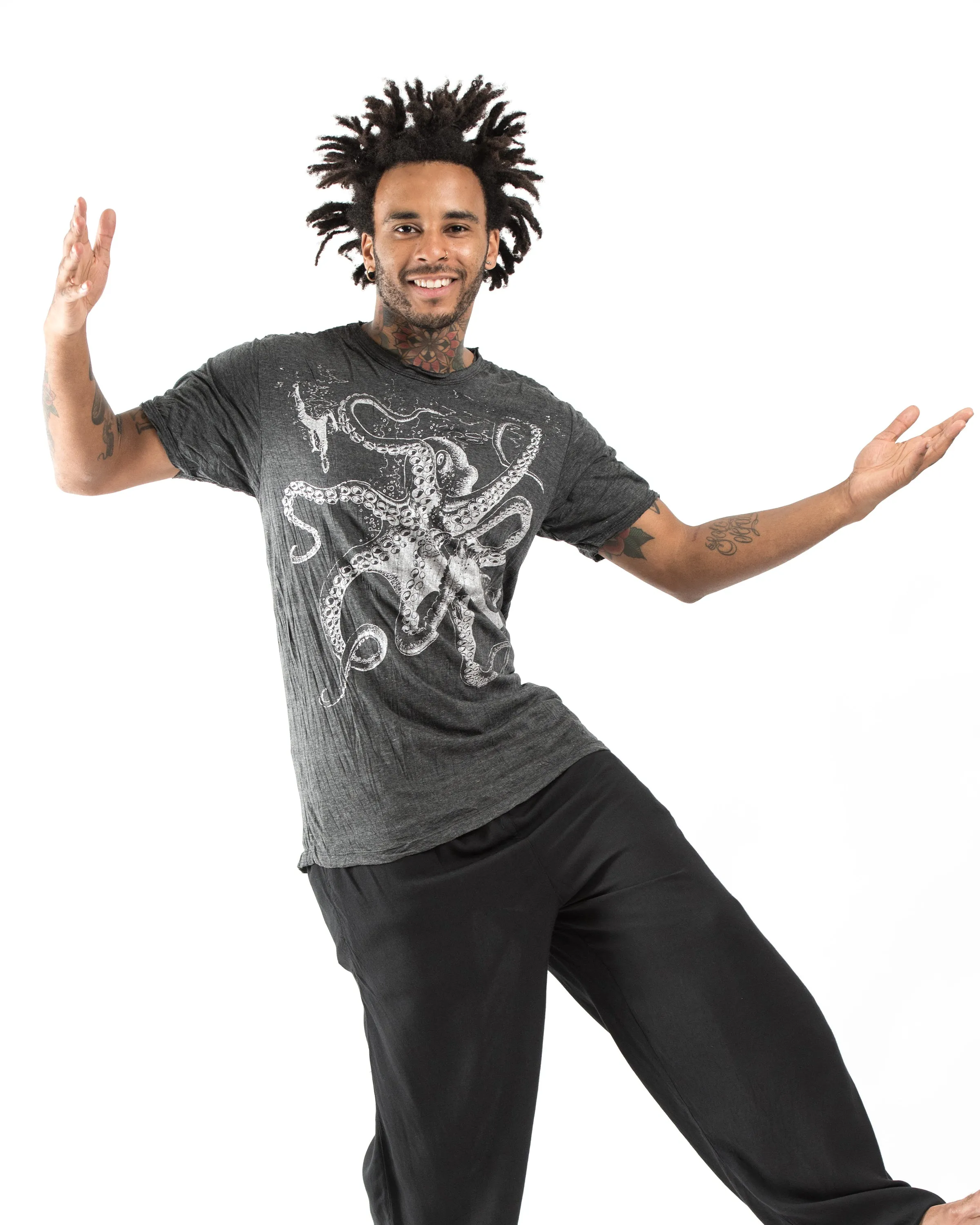 Mens Octopus T-Shirt in Silver on Black