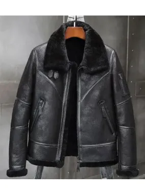 Men's Premium Fur-Lined Sheepskin Leather Bomber Jacket for Winter