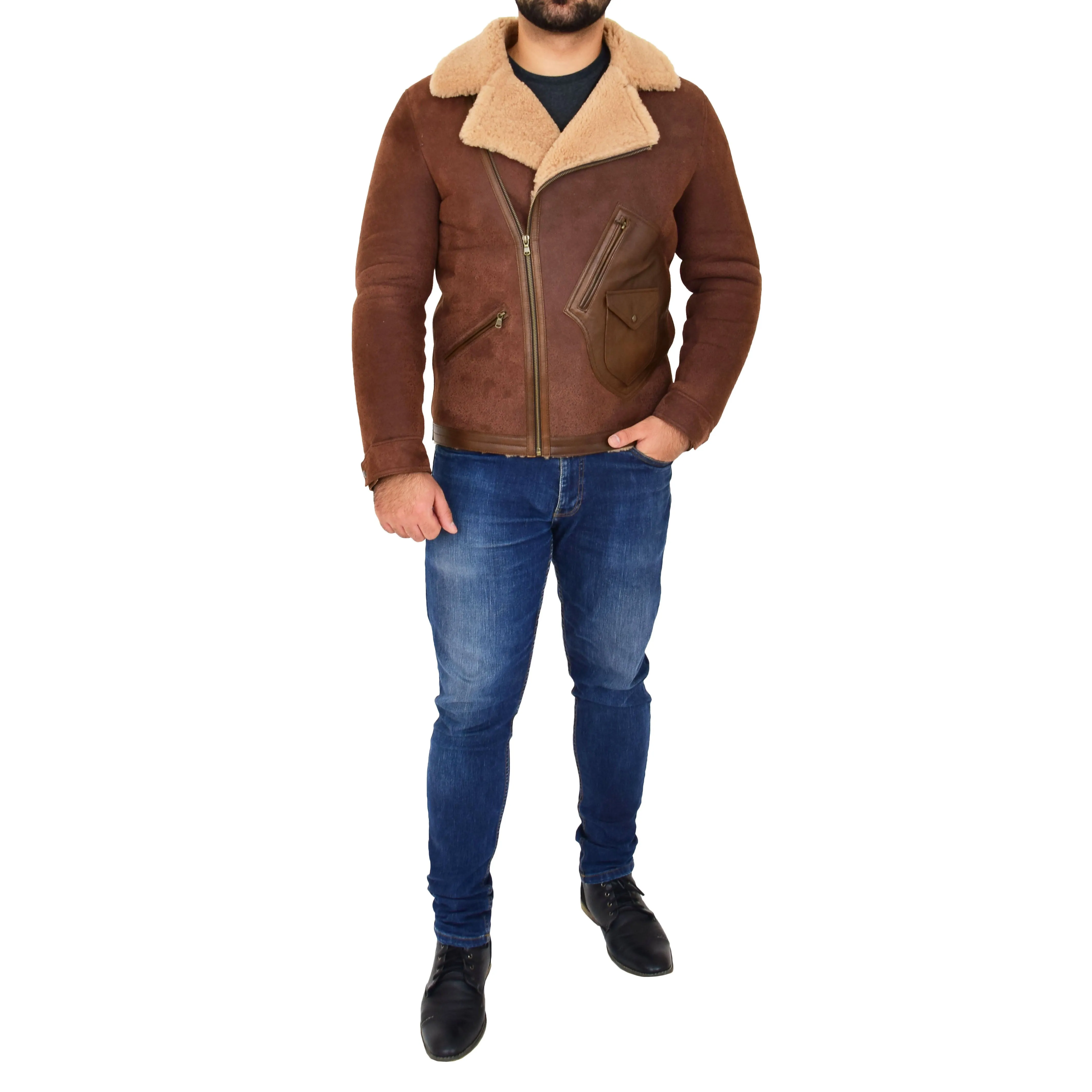 Mens Real Sheepskin Flying Jacket Antique B3 Shearling Rocky Brown