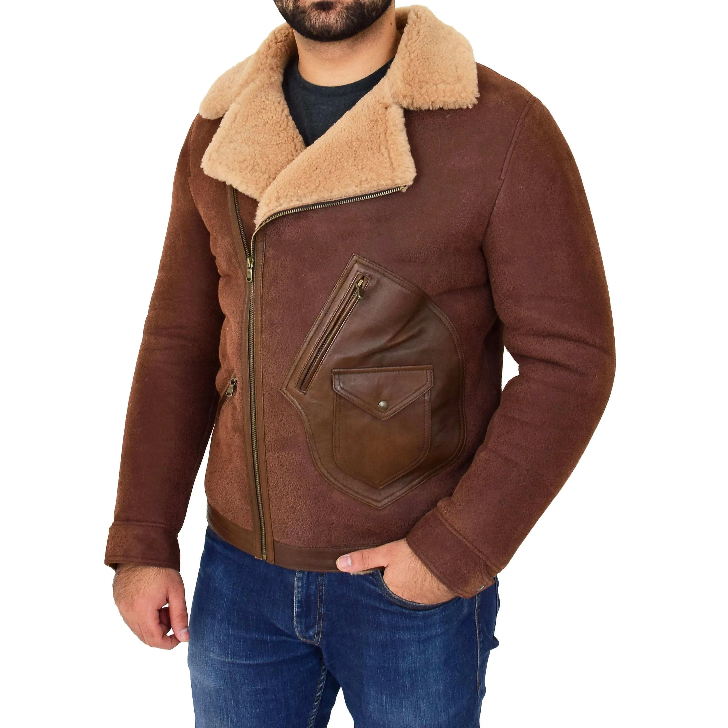 Mens Real Sheepskin Flying Jacket Antique B3 Shearling Rocky Brown