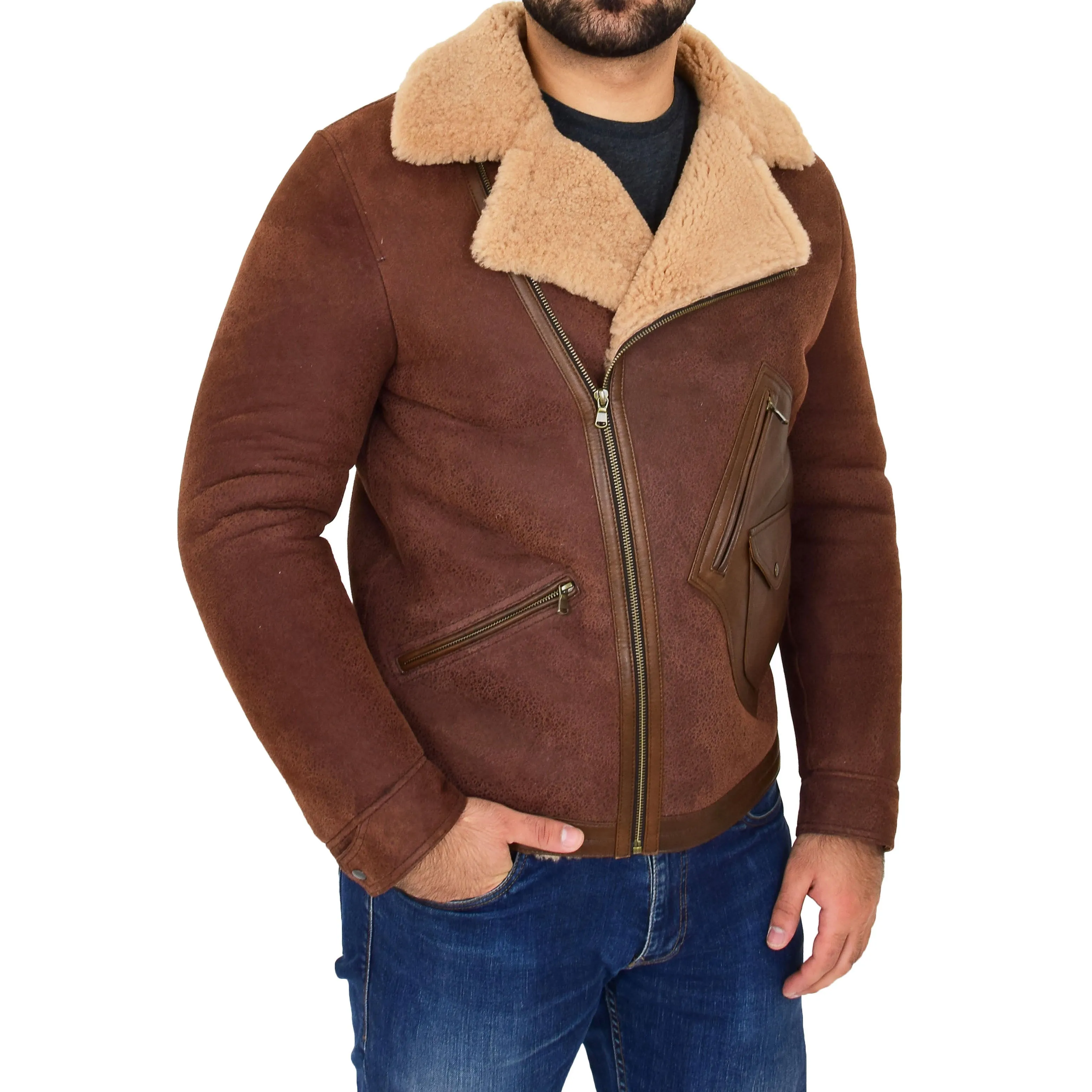 Mens Real Sheepskin Flying Jacket Antique B3 Shearling Rocky Brown