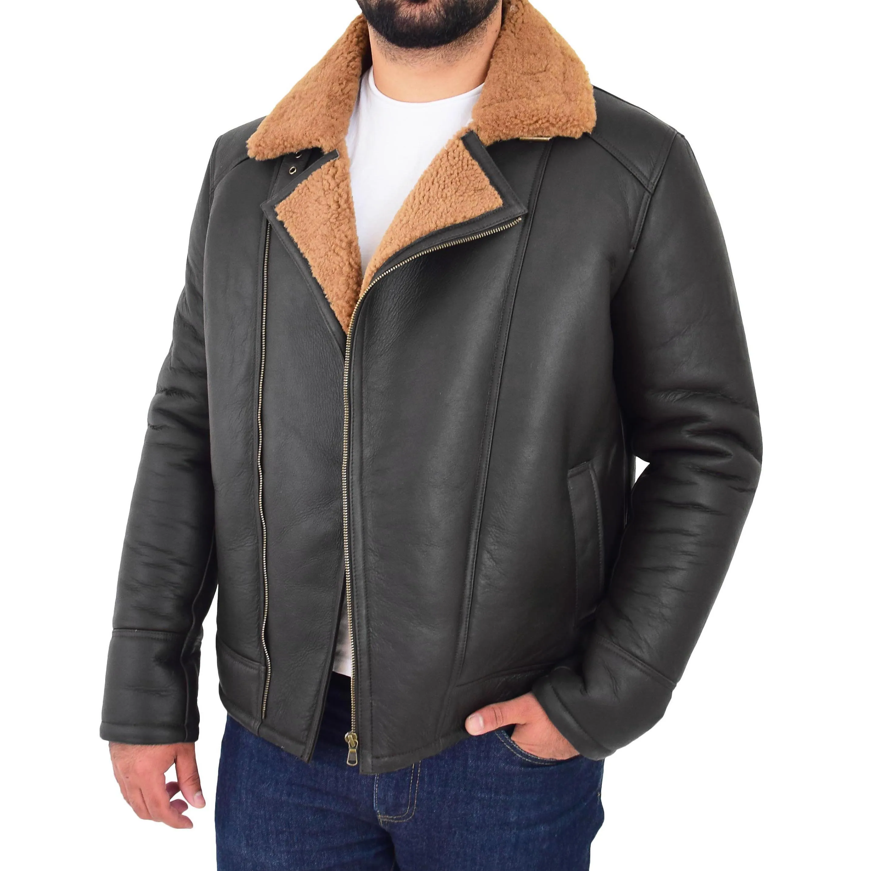 Mens Real Sheepskin Flying Jacket X-Zip Shearling Aviator Bomber Stealth Brown Ginger