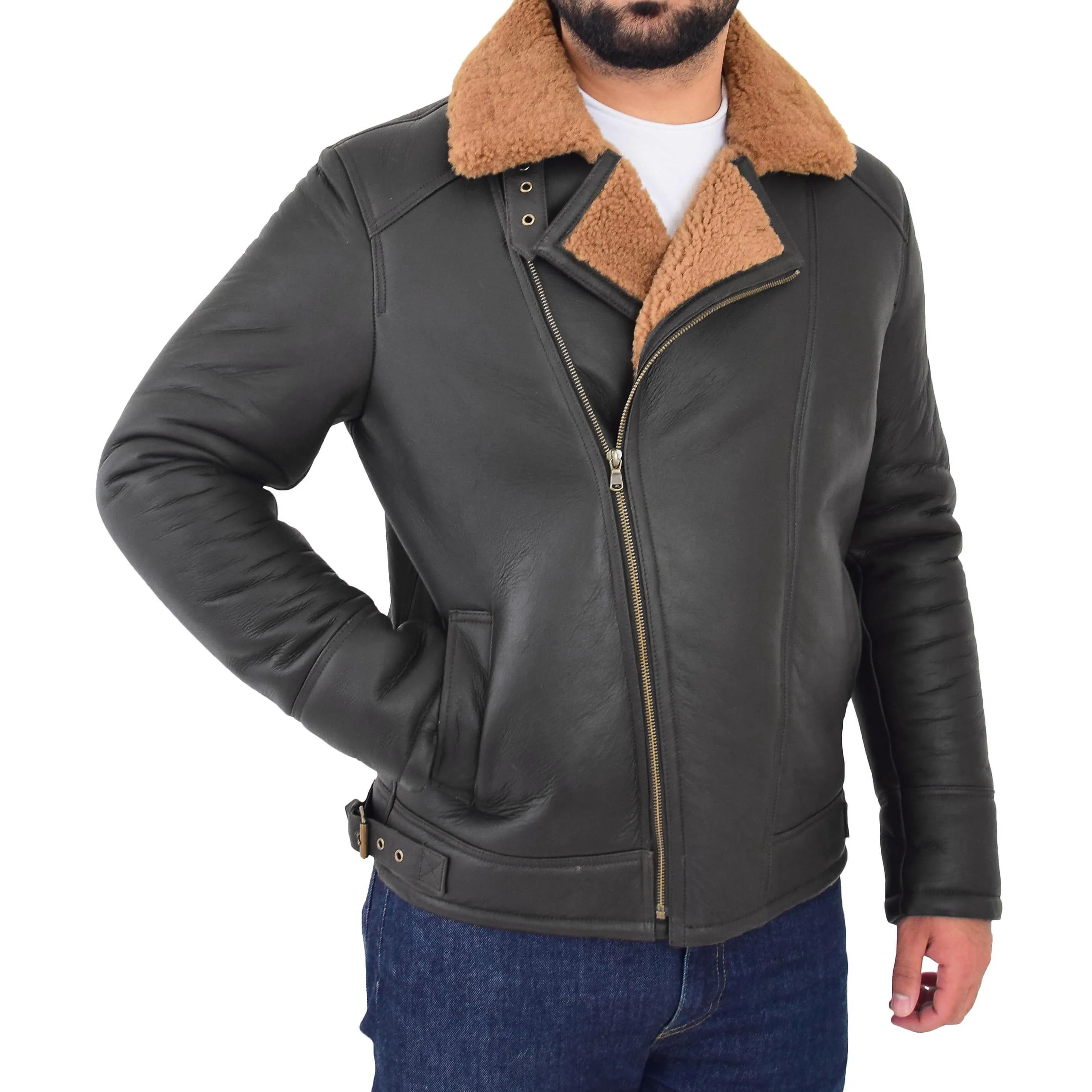 Mens Real Sheepskin Flying Jacket X-Zip Shearling Aviator Bomber Stealth Brown Ginger