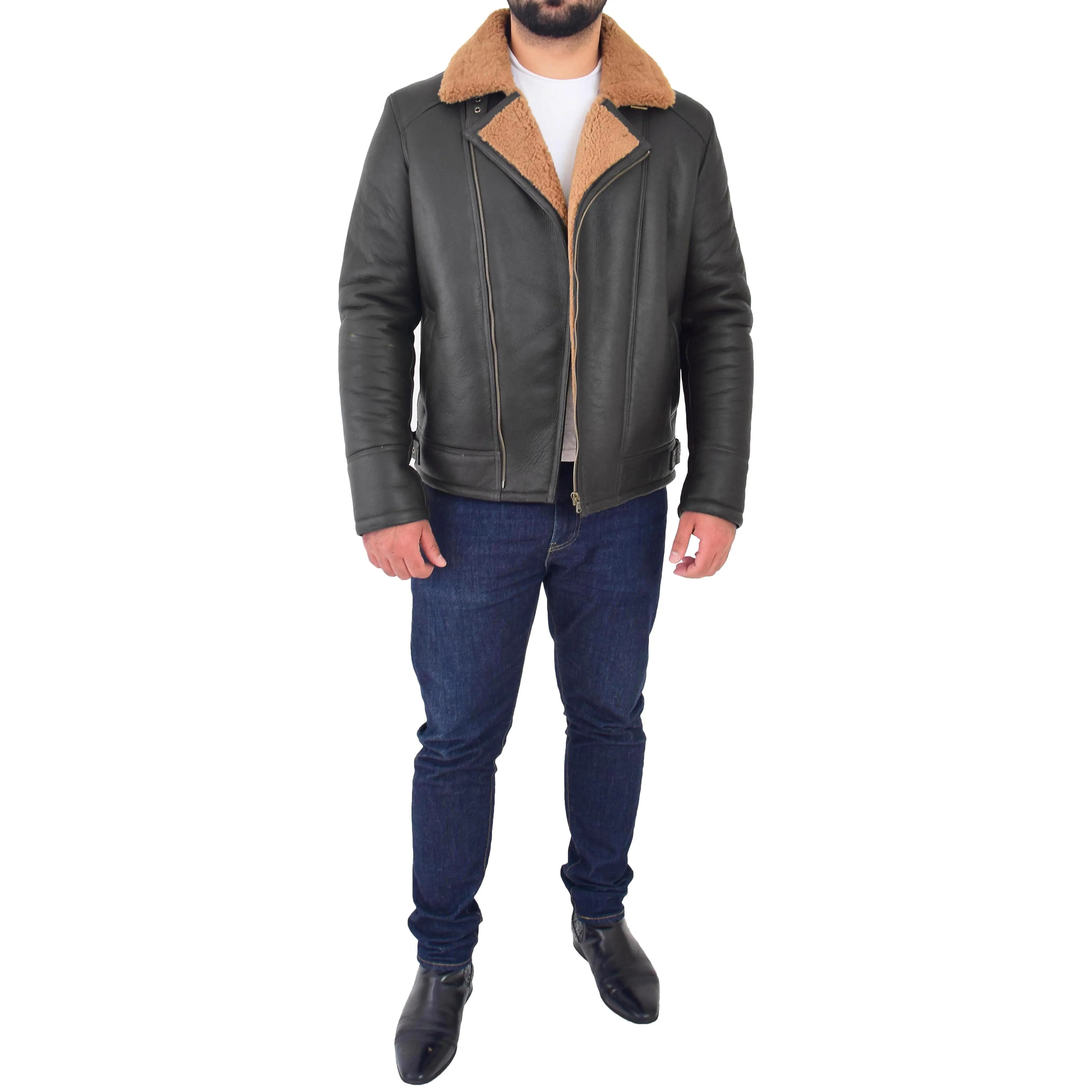 Mens Real Sheepskin Flying Jacket X-Zip Shearling Aviator Bomber Stealth Brown Ginger