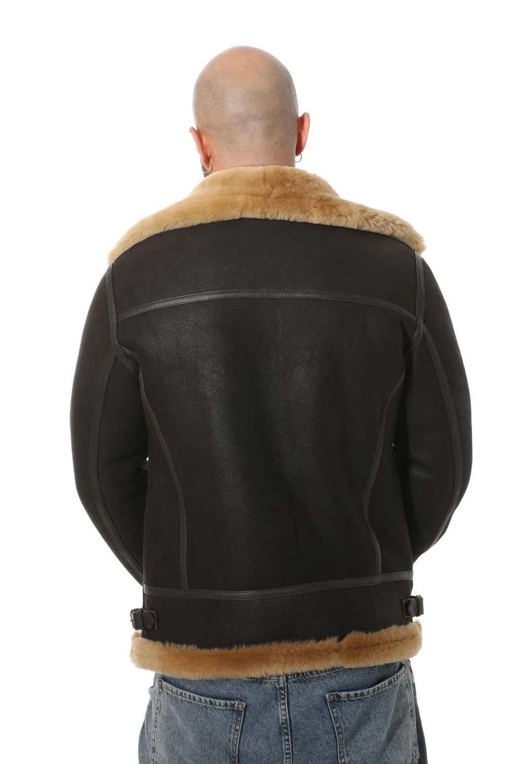 Men's Shearling Biker Jacket, Washed Brown with Ginger Wool