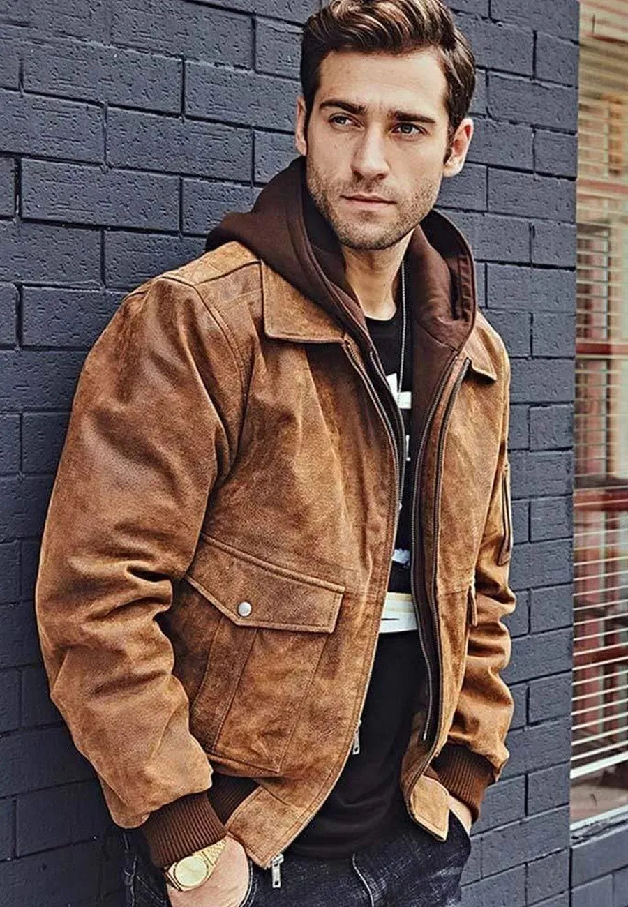 Men’s Tan Brown Distressed Leather Removable Hood Bomber Jacket