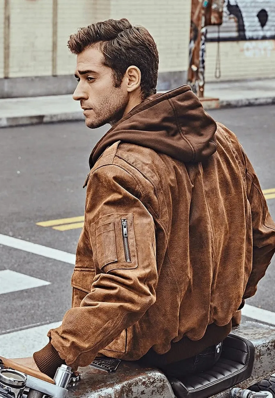 Men’s Tan Brown Distressed Leather Removable Hood Bomber Jacket