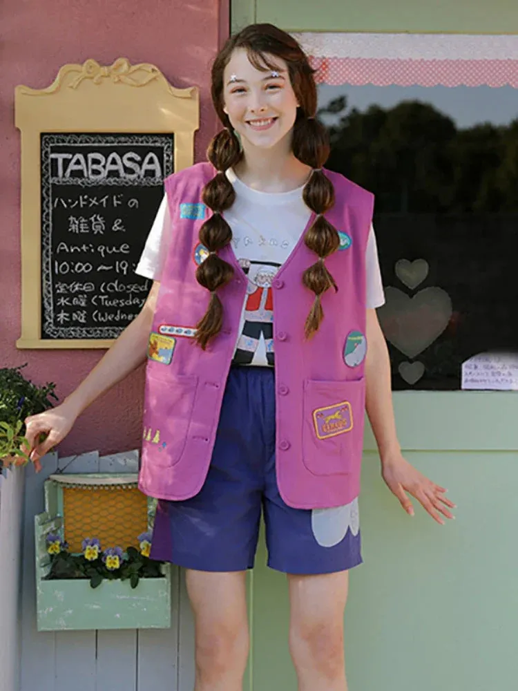 Metaversmall Cartoon Appliques Tassel Casual Women Jackets Vests Summer Sleeveless V-neck Single-breasted Korean Fashion Ladies Coats