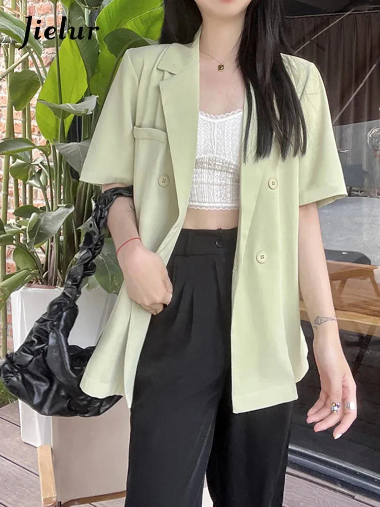 Metaversmall Fashion Casual Women Blazers Summer Korean Style Suit Jacket Female Short Sleeve Office Lady Green Black Coat M-4XL