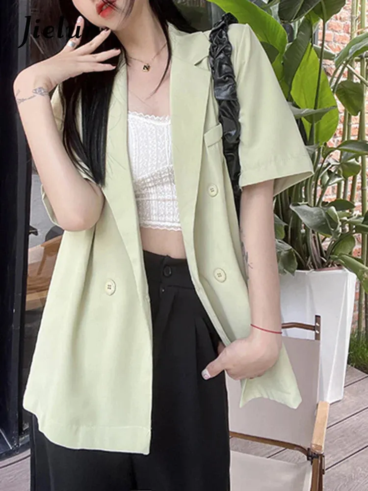 Metaversmall Fashion Casual Women Blazers Summer Korean Style Suit Jacket Female Short Sleeve Office Lady Green Black Coat M-4XL