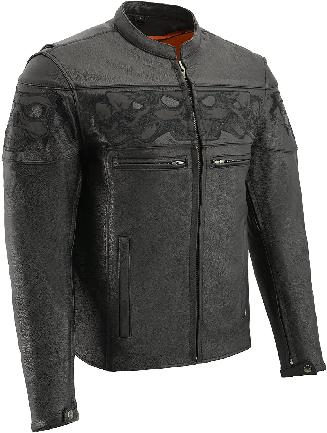 Milwaukee Leather MLM1500 Men's Crossover Black Leather Scooter Jacket with Reflective Skulls