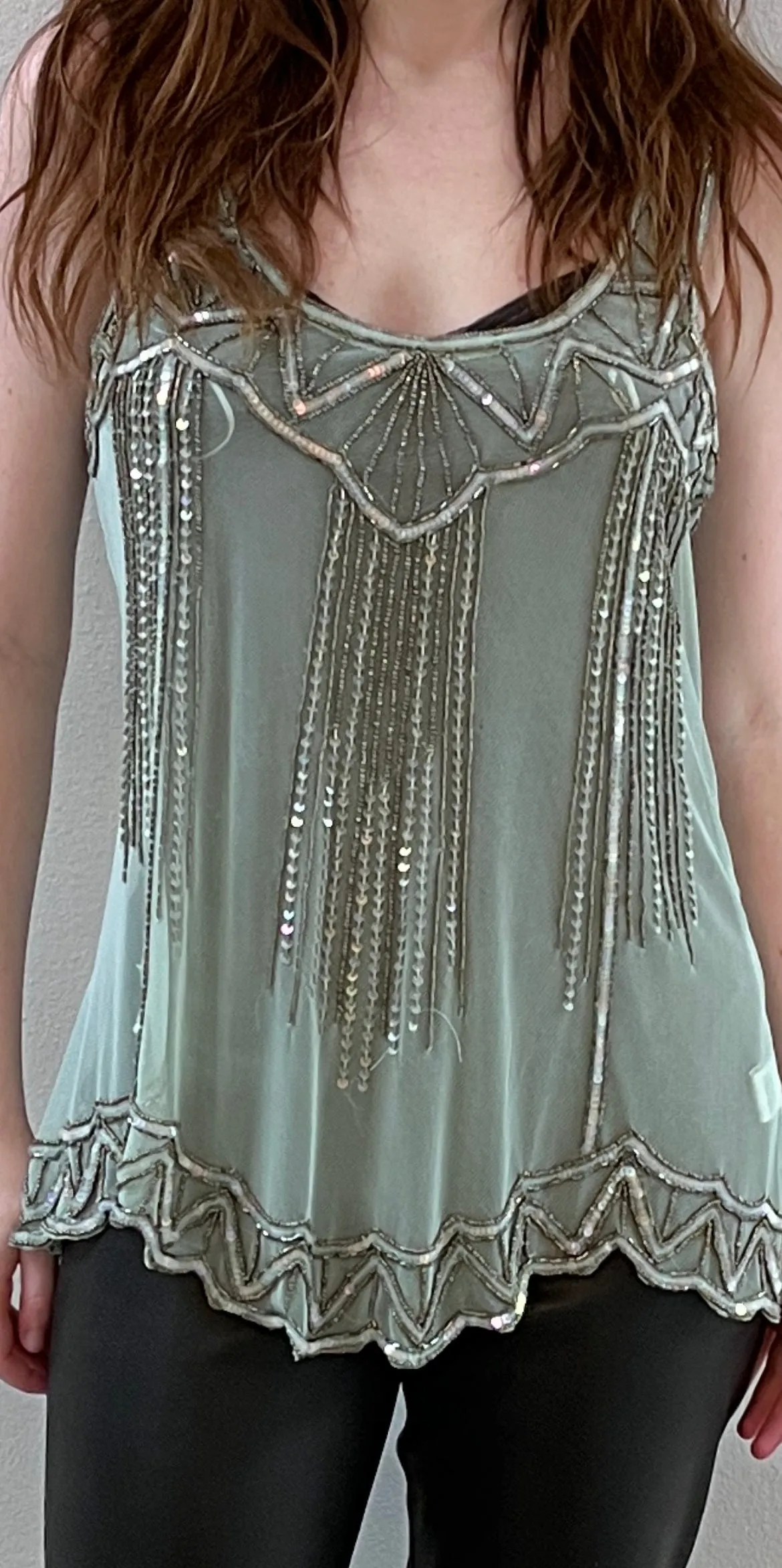 Mint Green Beaded Mesh Net Tank Top / Size M