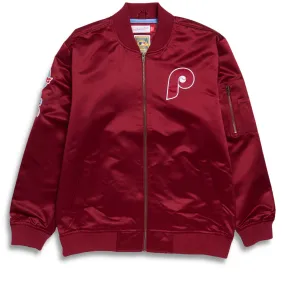 Mitchell & Ness x MLB Phillies Vintage Logo Satin Bomber Jacket - Cardinal