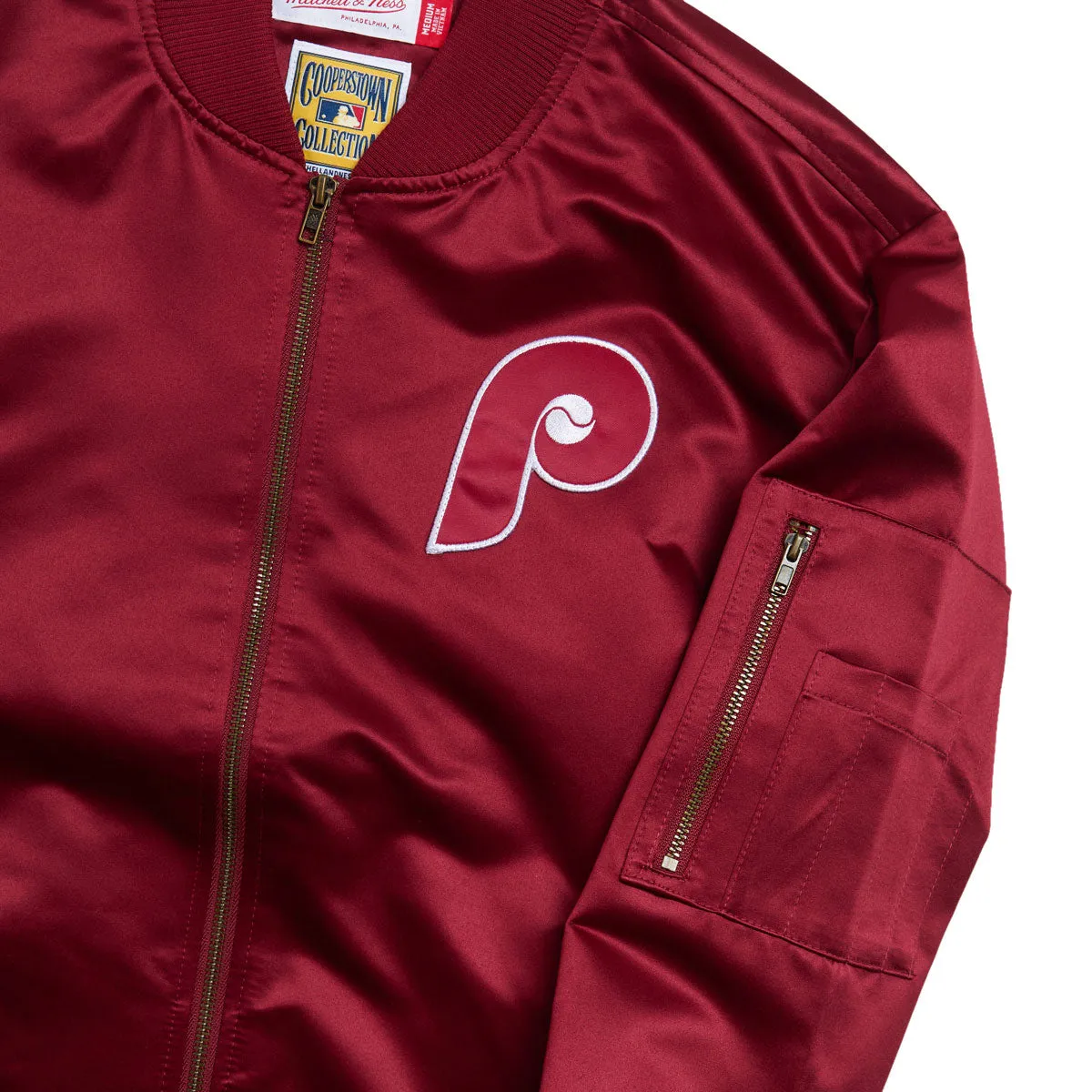 Mitchell & Ness x MLB Phillies Vintage Logo Satin Bomber Jacket - Cardinal