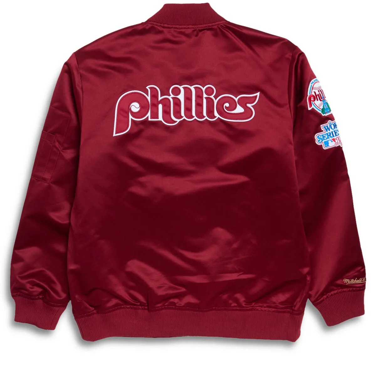 Mitchell & Ness x MLB Phillies Vintage Logo Satin Bomber Jacket - Cardinal